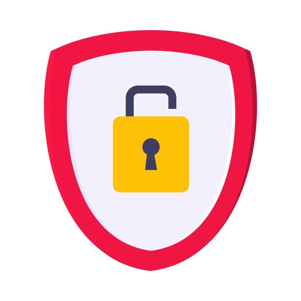 Shield with open padlock on it security protection warning symbol. vector