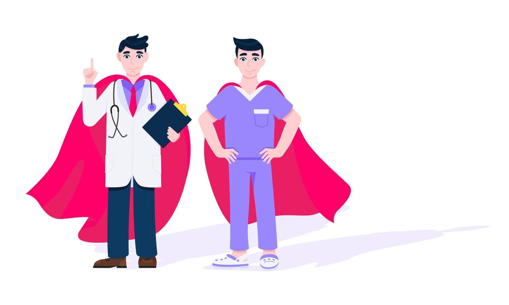 Two doctors with hero cape behind hospital medical employee fight against diseases and viruses on frontline flat style design vector illustration.