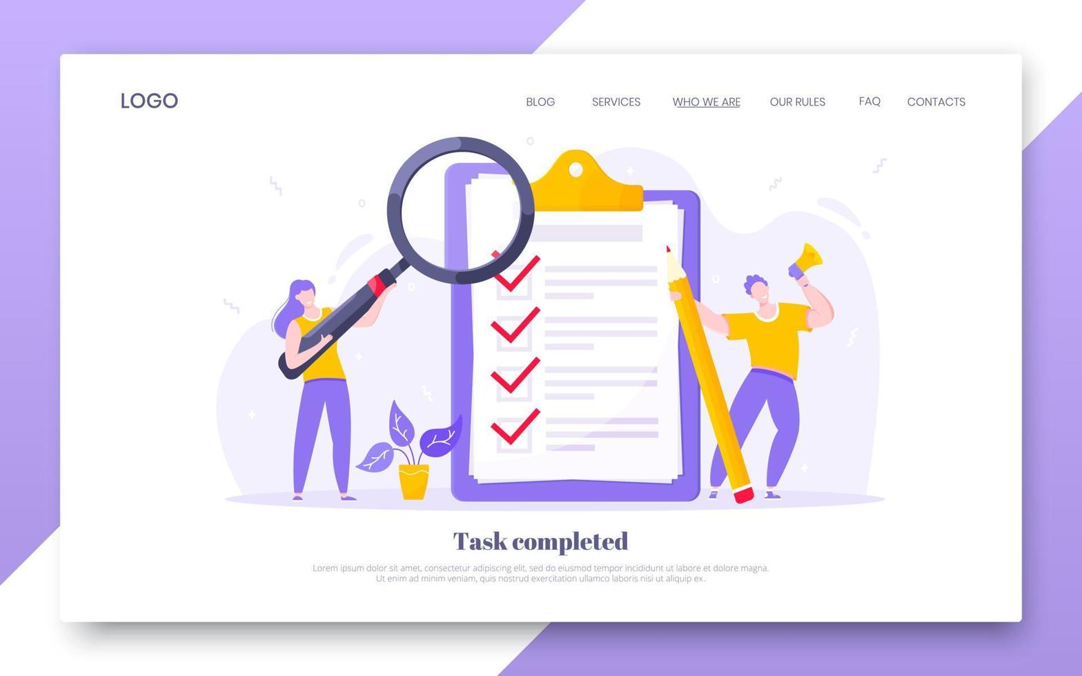 Online survey form business concept with tiny people with megaphone, pencil nearby giant clipboard complete checklist vector