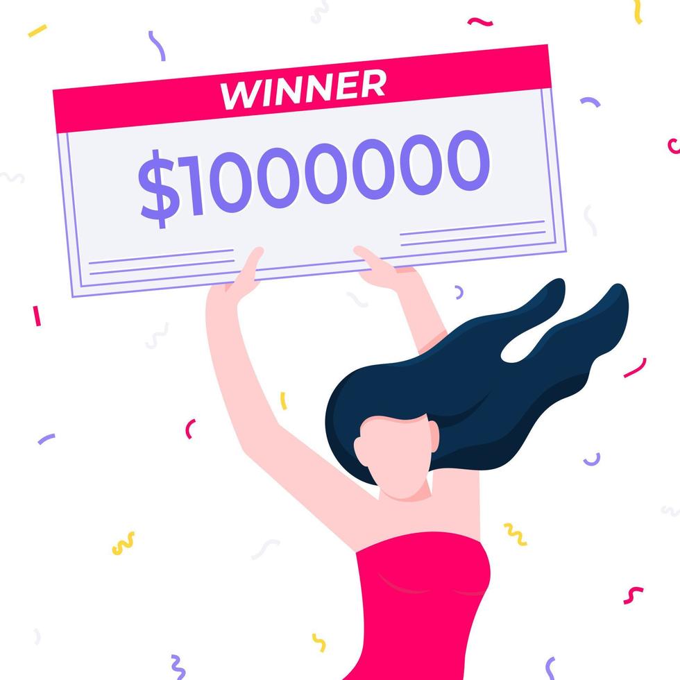 Happy lottery winner with prize paycheck. Fortune lottery or casino gambling lucky games vector