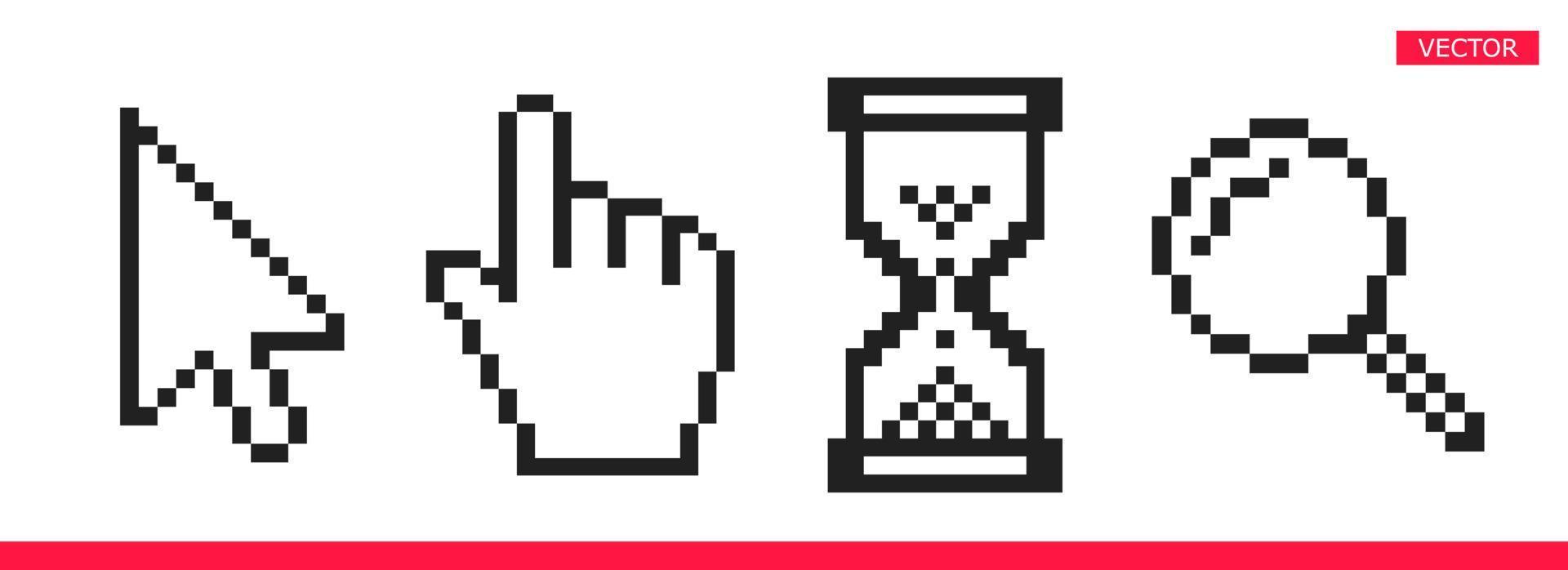 Flecha en blanco y negro, mano, magnifie y reloj de arena pixel mouse cursor iconos conjunto de ilustraciones vectoriales vector