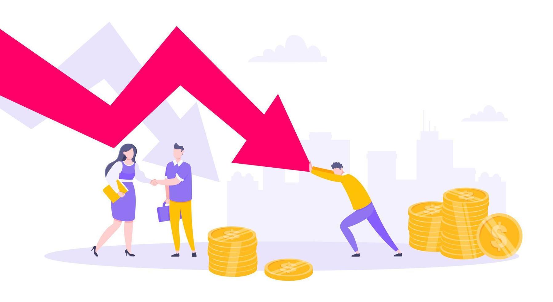 Recession loss and business bankruptcy concept. Young adult man pushed red crisis arrow downturn vector illustration.