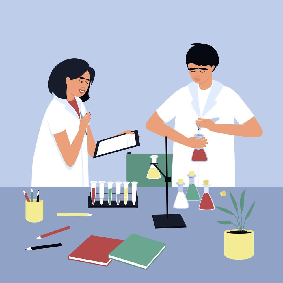 Students do their homework in chemistry experimenting with liquids vector