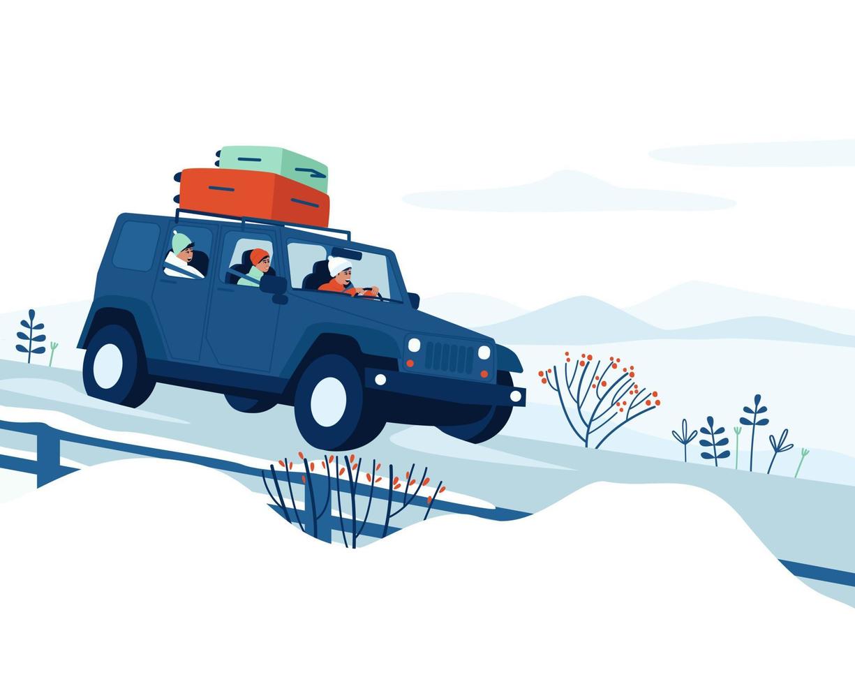 The family drives a car in winter on vacation vector