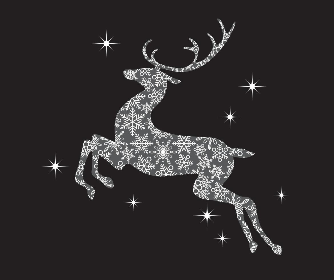 silueta de reno con patrón de copo de nieve aislado en un fondo negro. Ilustración de vector de símbolo de Navidad.