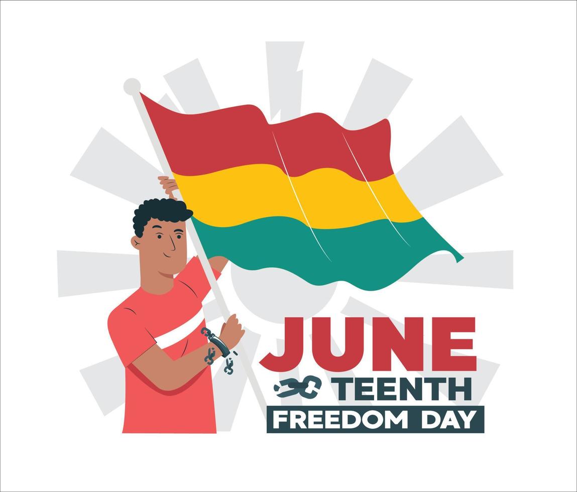 Juneteenth. illustration of a man bring flag and breaking a chain in her hand vector