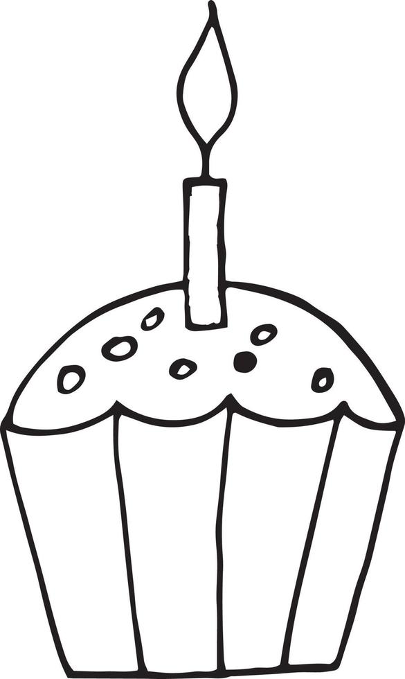 cupcake con icono de vela. estilo de dibujo dibujado a mano. minimalismo, monocromo, boceto. comida, dulces postre cumpleaños vacaciones vector