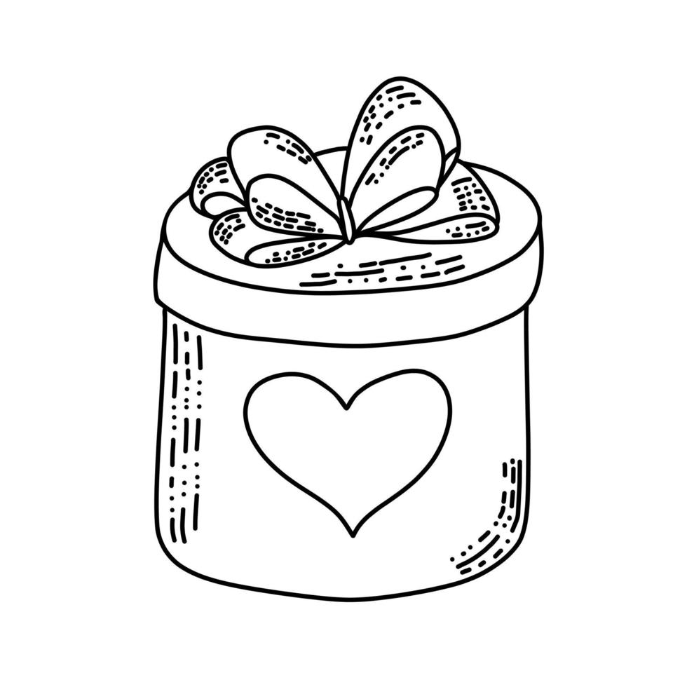 Round gift box in doodle style with ribbon. Heart on a present box isolated vector illustration.