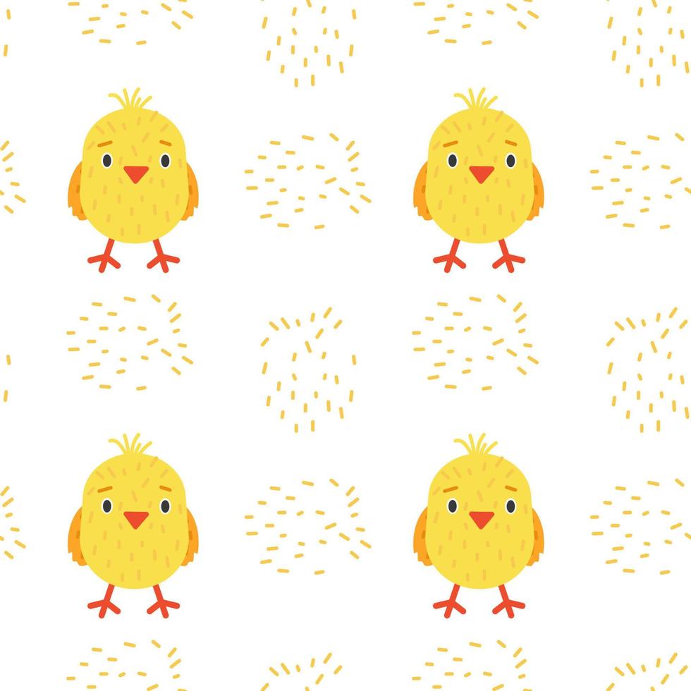 Seamless pattern with cute little yellow chicks. Repeatable print of baby chicken birds. Vector illustration.
