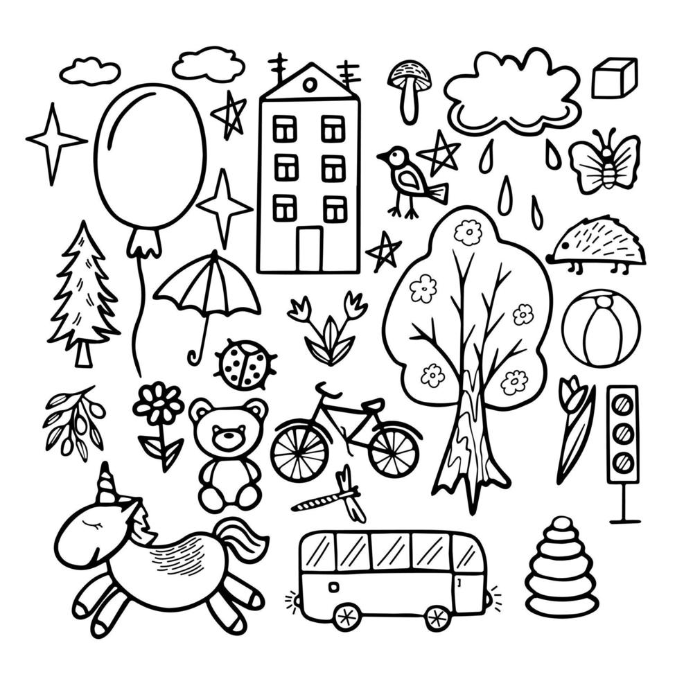 Doodle set for kids. Hand drawn collection of funny doodles for decoration. Vector illustration.
