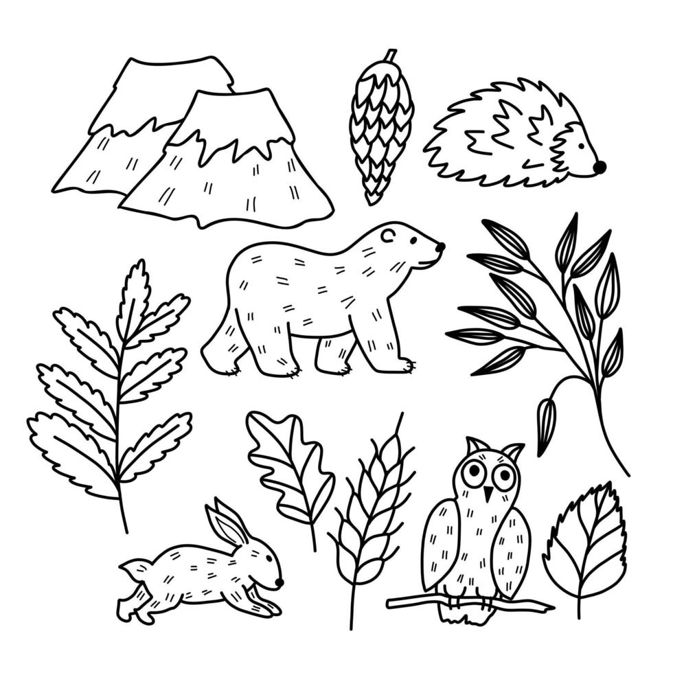 conjunto dibujado a mano de ilustraciones infantiles lindas. colección de animales y hojas del bosque. elementos divertidos en estilo doodle. vector