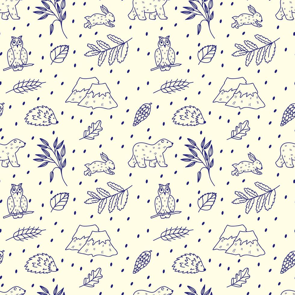 Hand drawn seamless pattern of cute children's illustrations. Repeatable print of forest animals and leaves. Funny elements in doodle style. vector