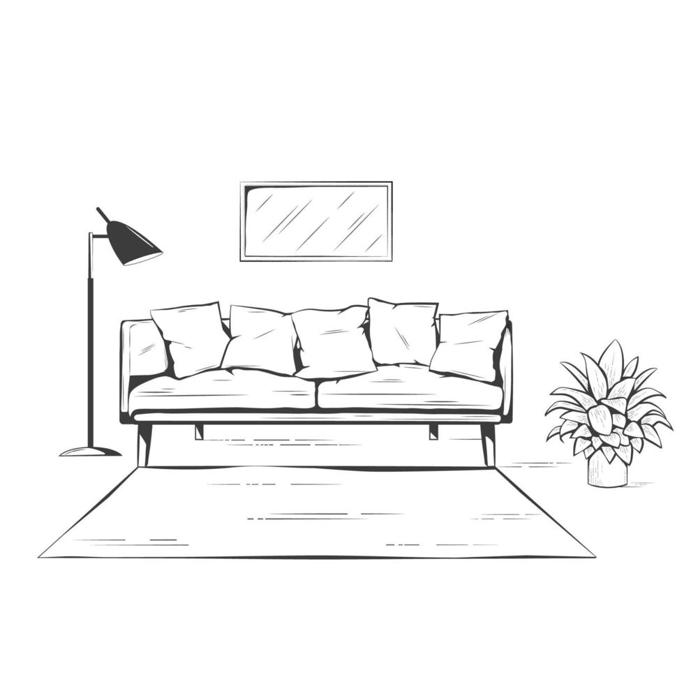 Dibujo a mano interior, sofá con lámpara de pie y planta de habitación. vector