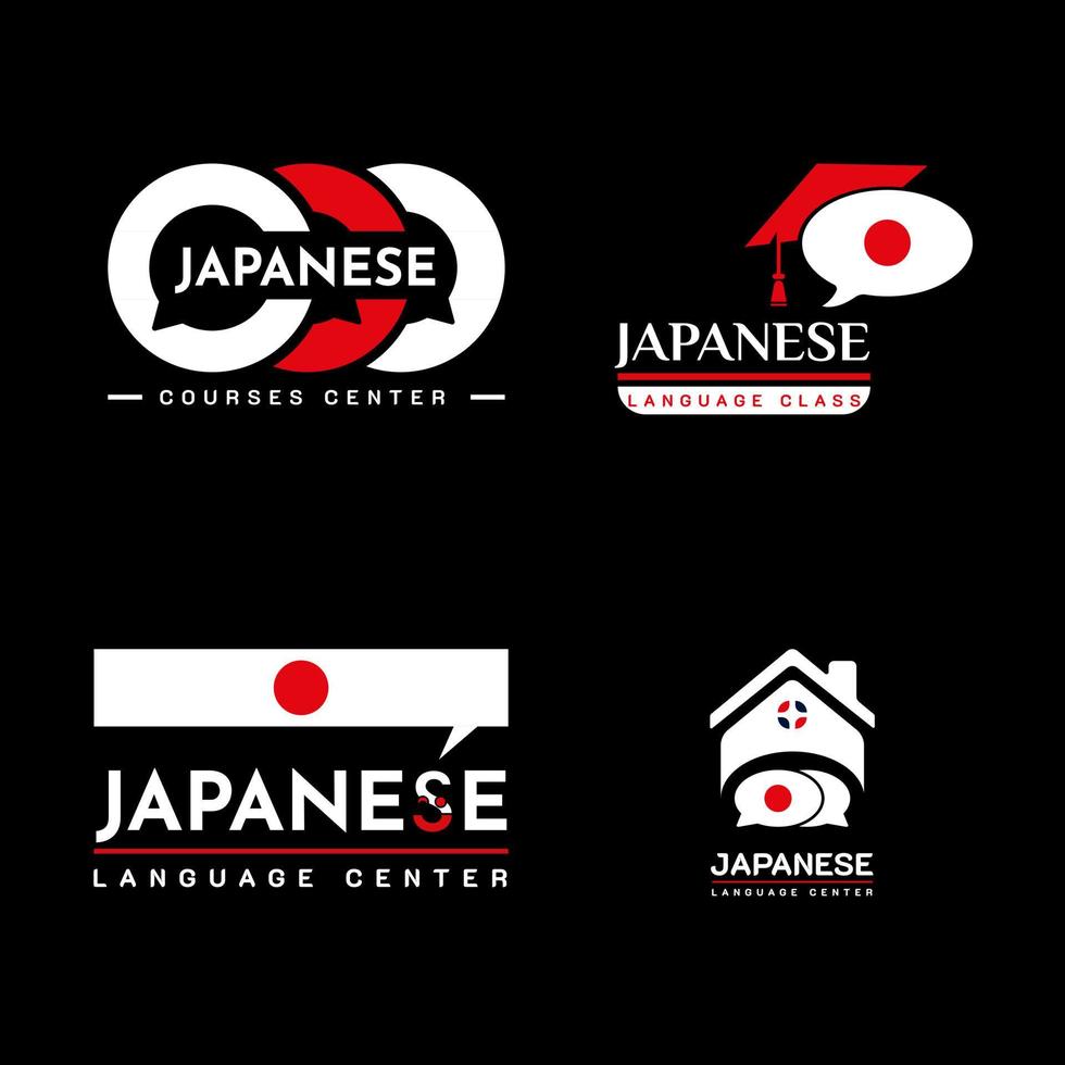 aprendizaje del logo de la clase de idioma japonés. programa de intercambio de idiomas, foro y señal de comunicación internacional. con la bandera de Japón, la casa y el icono de burbuja de chat. vector de ilustración premium y de lujo