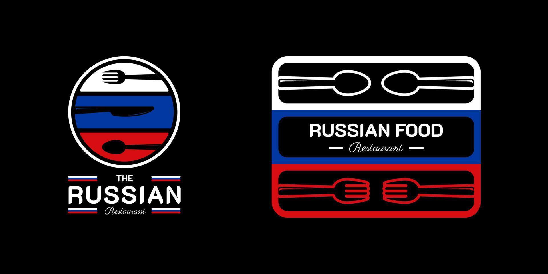 Russian Food Restaurant Logo. Russia flag symbol with Spoon, Knife, and Fork icons. Luxury and Premium Logo illustration vector