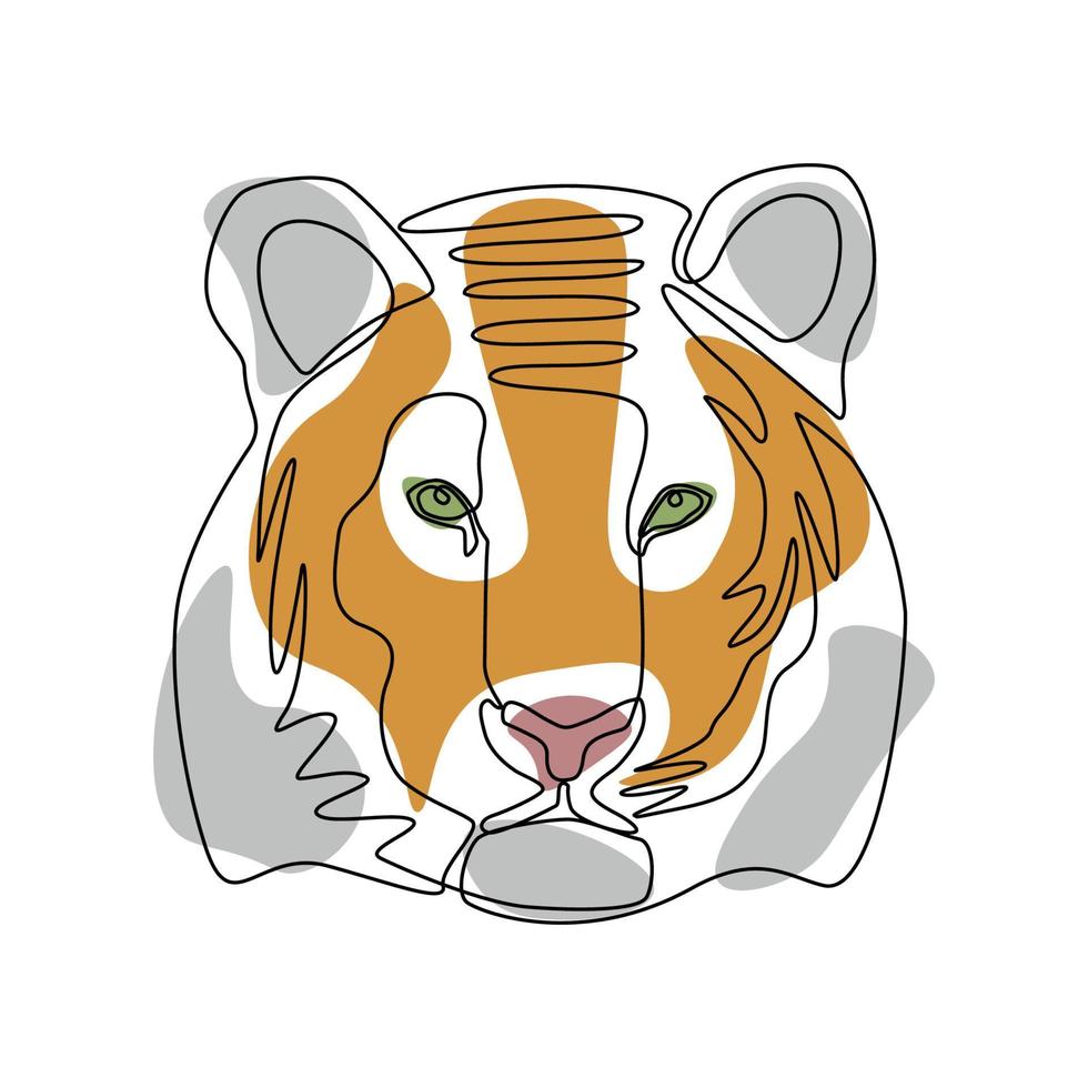 una cabeza de tigre lineart con ojos verdes, nariz rosada y manchas de colores vector