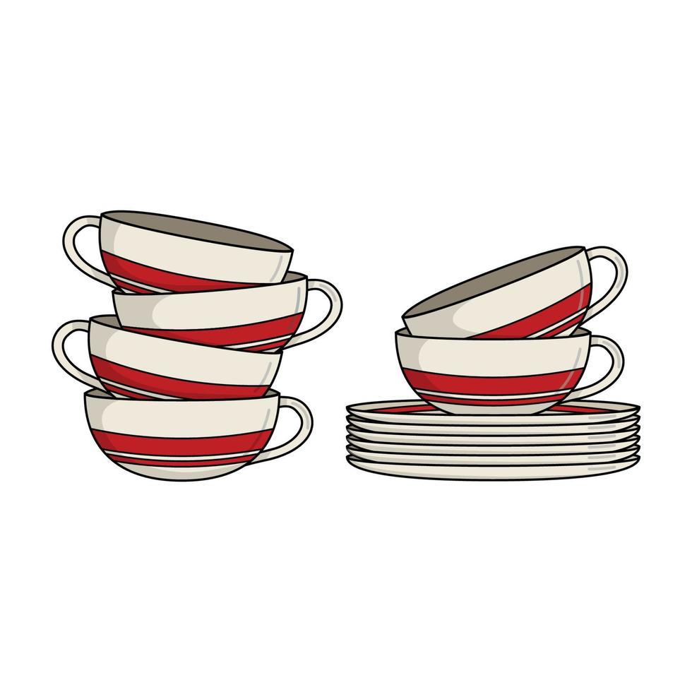 White ceramic tea or coffee cups with plates and red stripe vector