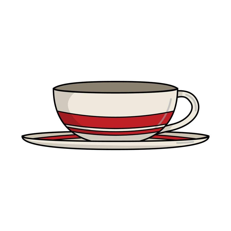 taza de té o café de cerámica blanca con platos y raya roja vector