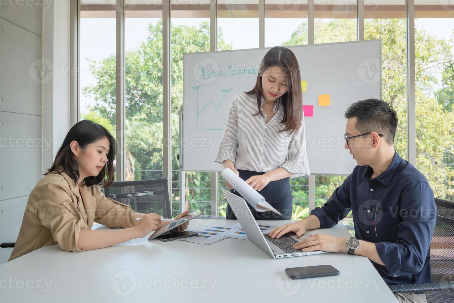 Business employees have discussion and brainstorm in meeting room at company office with positive attitude. photo