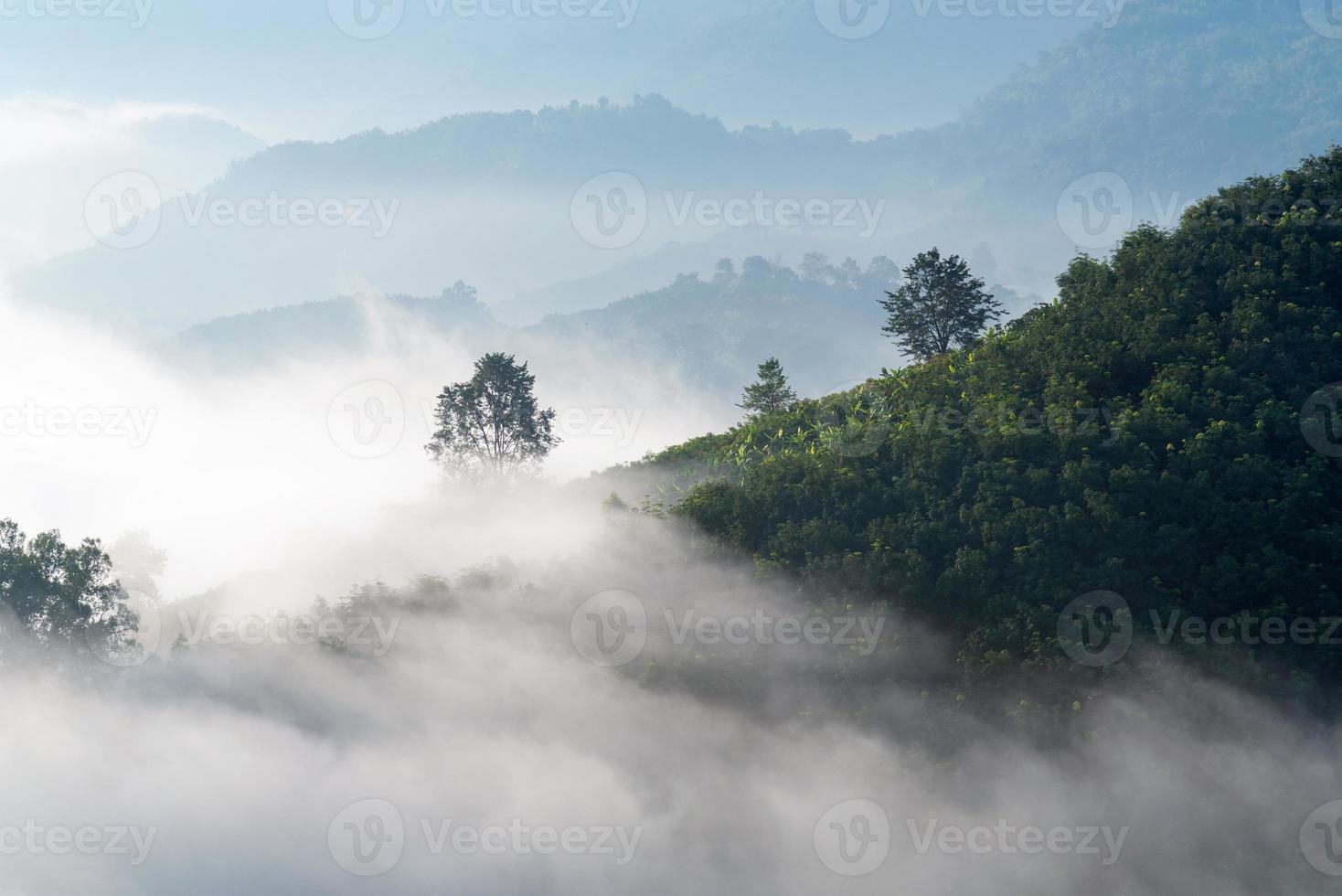 vista de la asombrosa niebla moviéndose sobre las montañas naturales durante el amanecer en el área de las montañas en Tailandia. foto