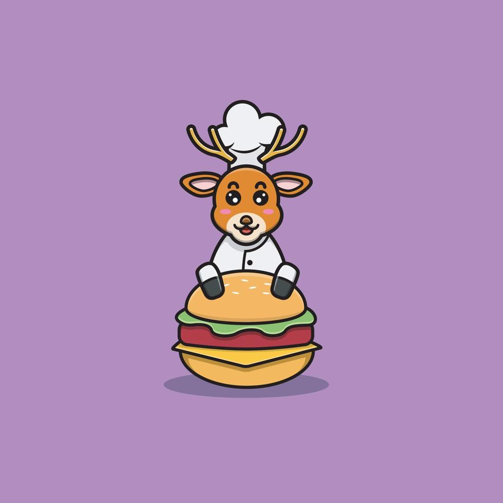 Lindo personaje de chef de ciervo bebé con hamburguesa. personaje, mascota, icono y lindo diseño. vector