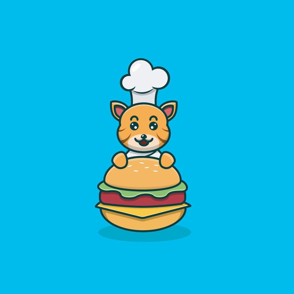Cocinero lindo del tigre del bebé en la hamburguesa. personaje, mascota, icono y lindo diseño. vector