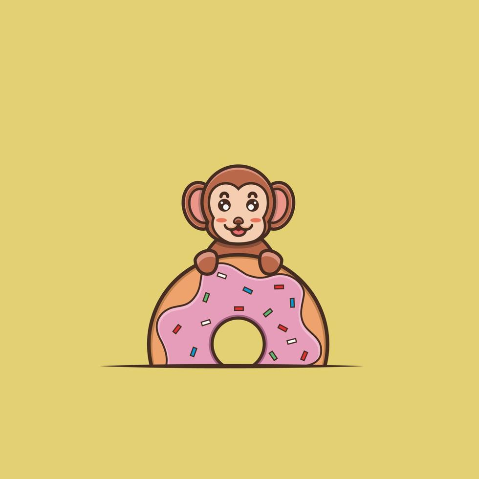 Cute Baby Monkey On Donuts. Character, Mascot, Logo, Cartoon, Icon, and Cute Design. vector