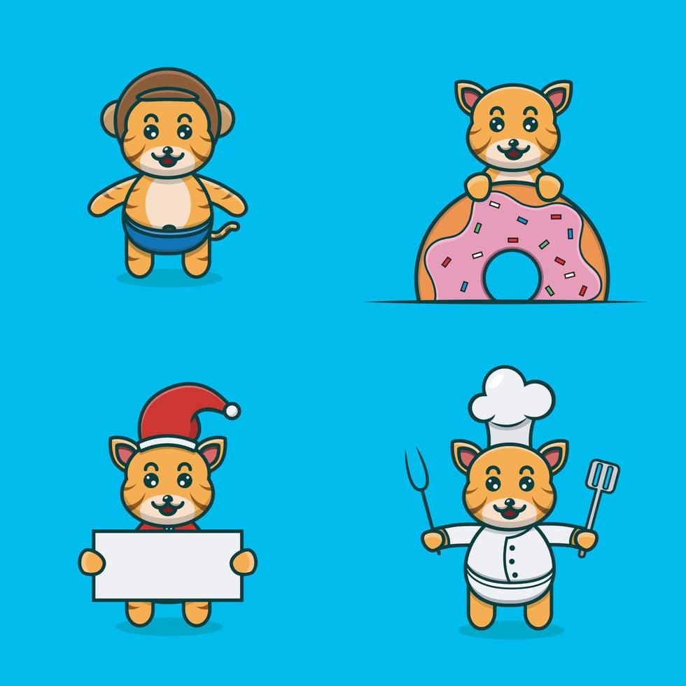 Set Of Cute Baby Tiger Character With Various Poses. Wearing Helmet, on Donuts, christmas and chef. vector