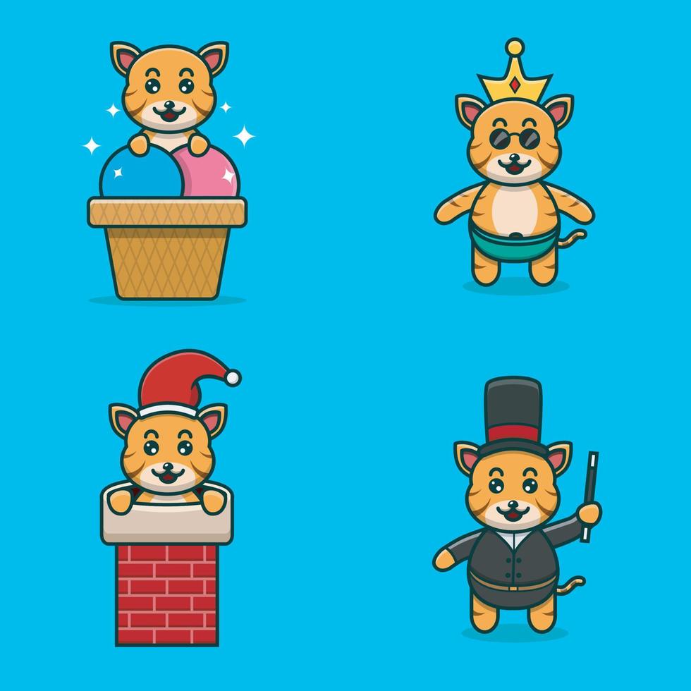 Set Of Cute Baby Tiger Character With Various Poses. On Ice Cream, Chinmey, Wearing Crown, and Magician costume. vector