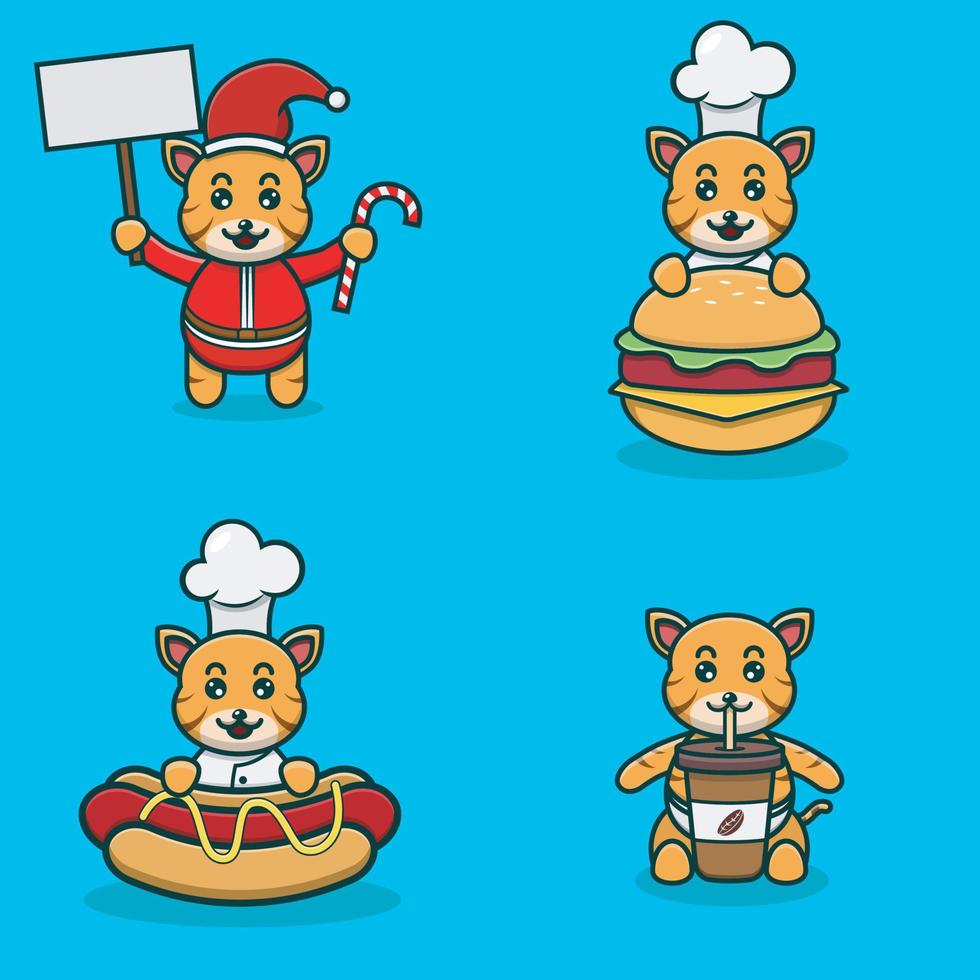 conjunto de lindo personaje de tigre bebé con varias poses. navidad, chef en hamburguesa, hot dog y taza de café. vector