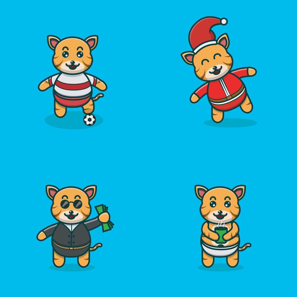 Set Of Cute Baby Tiger Character With Various Poses. Football, Christmas, Boss and Bring Tea Cup. vector
