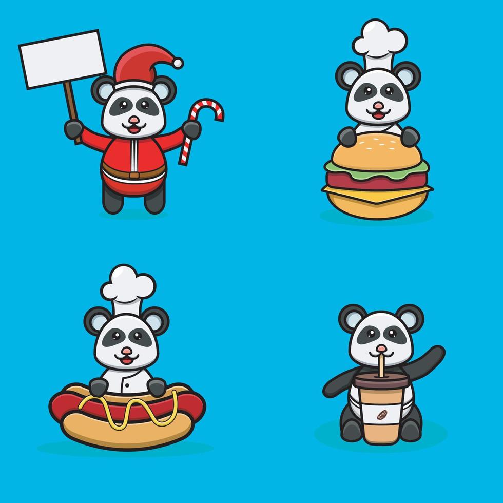 conjunto de lindo personaje de panda bebé con varias poses. navidad, chef en hamburguesa, hot dog y taza de café. vector
