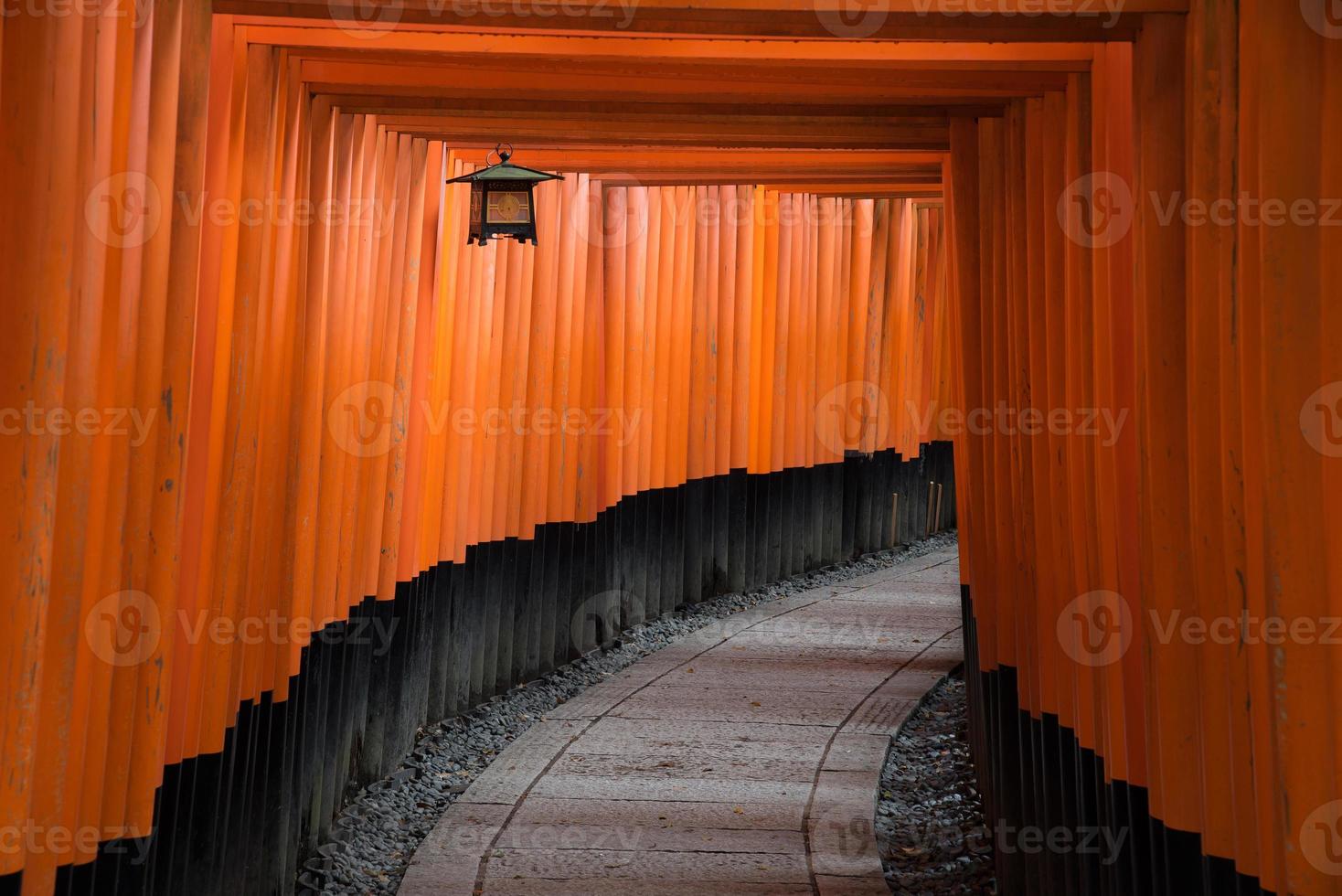 La pasarela de puertas torii rojas en el santuario fushimi inari taisha, uno de los lugares de interés turístico en Kioto, Japón foto