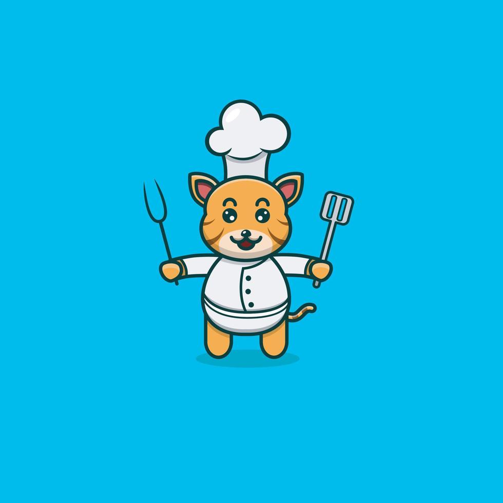 lindo cocinero tigre bebé. personaje, mascota, icono y lindo diseño. vector