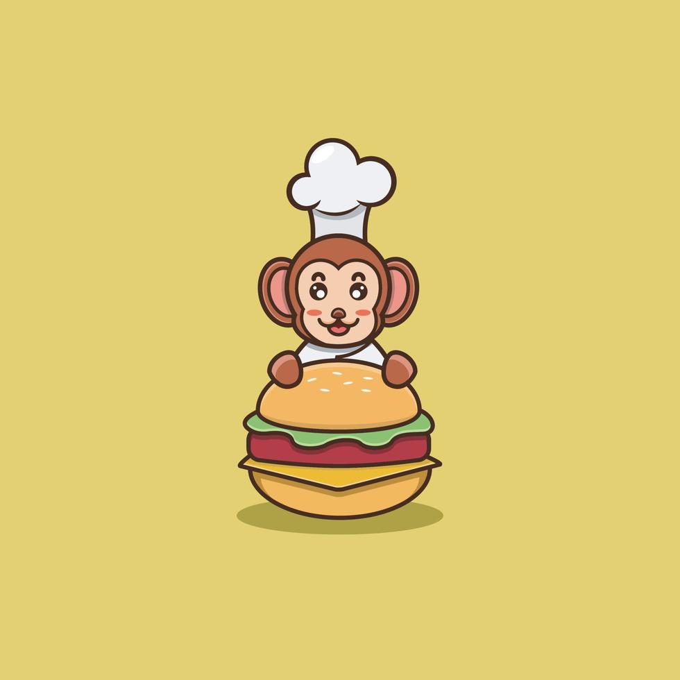 Cocinero lindo del mono del bebé en la hamburguesa. personaje, mascota, logotipo, caricatura, icono y lindo diseño. vector