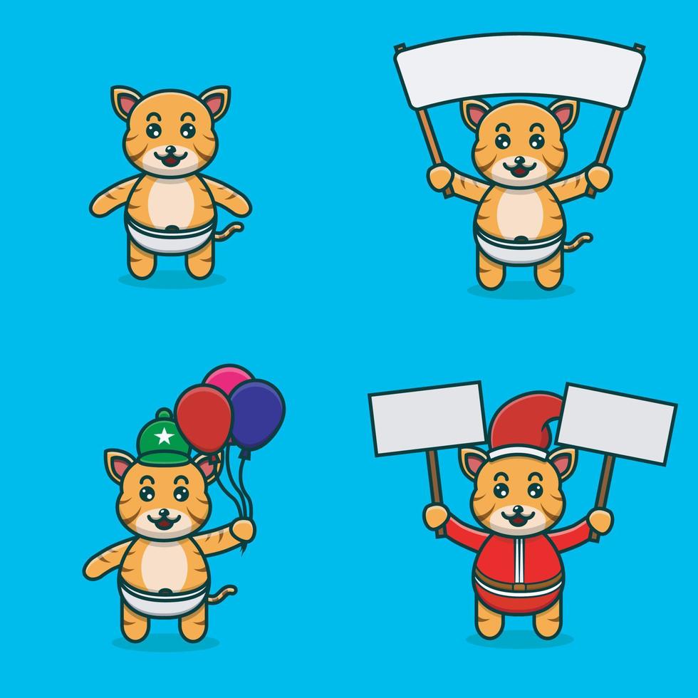 Set Of Cute Baby Tiger Character With Various Poses. Bring banner, balloons and christmas banner. vector