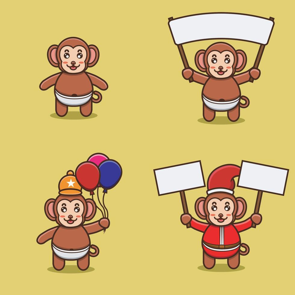 conjunto de lindo personaje de mono bebé con varias poses. traer pancarta, globos y pancarta navideña. vector