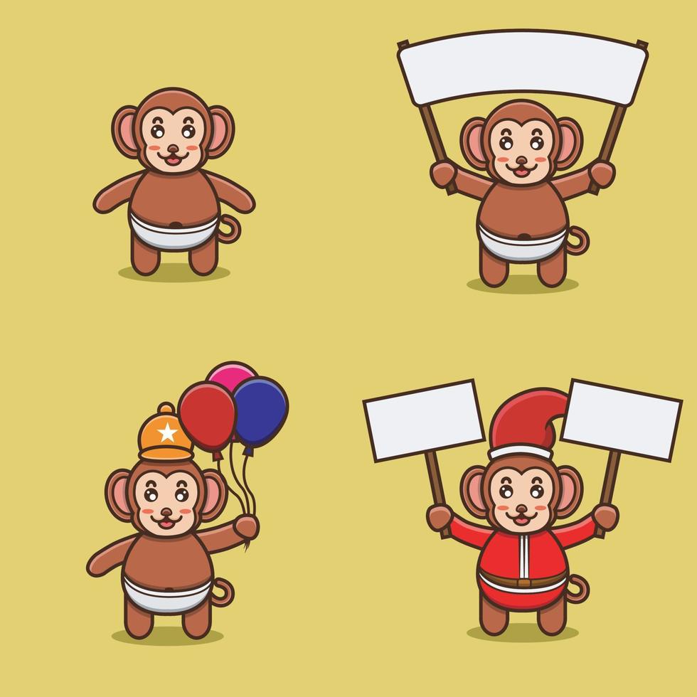 Set Of Cute Baby Monkey Character With Various Poses. Bring banner, balloons and christmas banner. vector