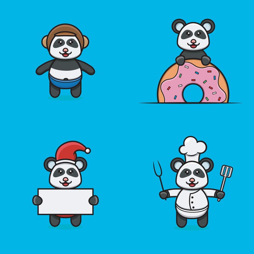 Set Of Cute Baby Panda Character With Various Poses. Wearing Helmet, on Donuts, christmas and chef. vector