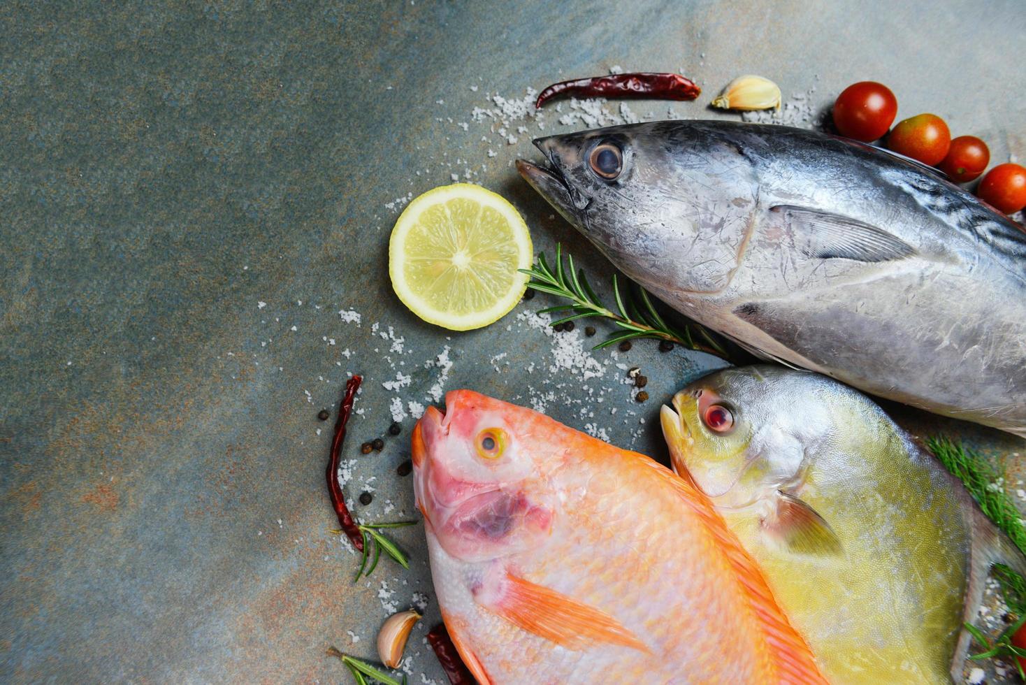 Pescado fresco con hierbas, especias, romero y limón, ajo, tomate para alimentos cocidos - pescado crudo, tilapia roja, atún y palometa sobre fondo de placa oscura. foto