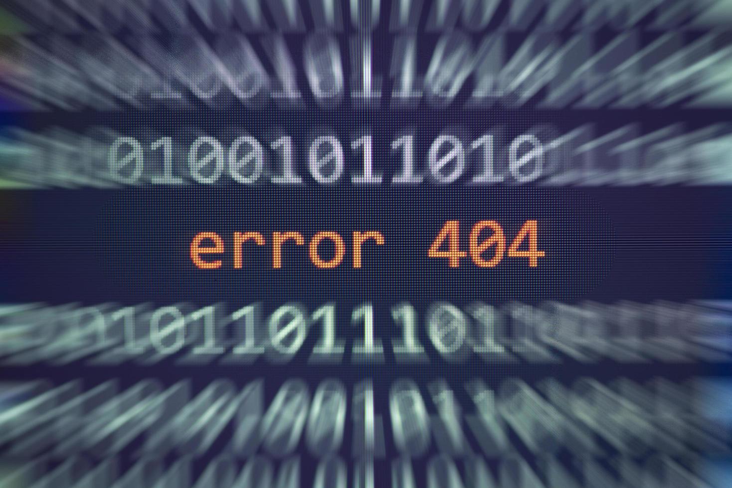 Error 404 message on display screen technology binary code number data alert computer network system problem error software concept photo