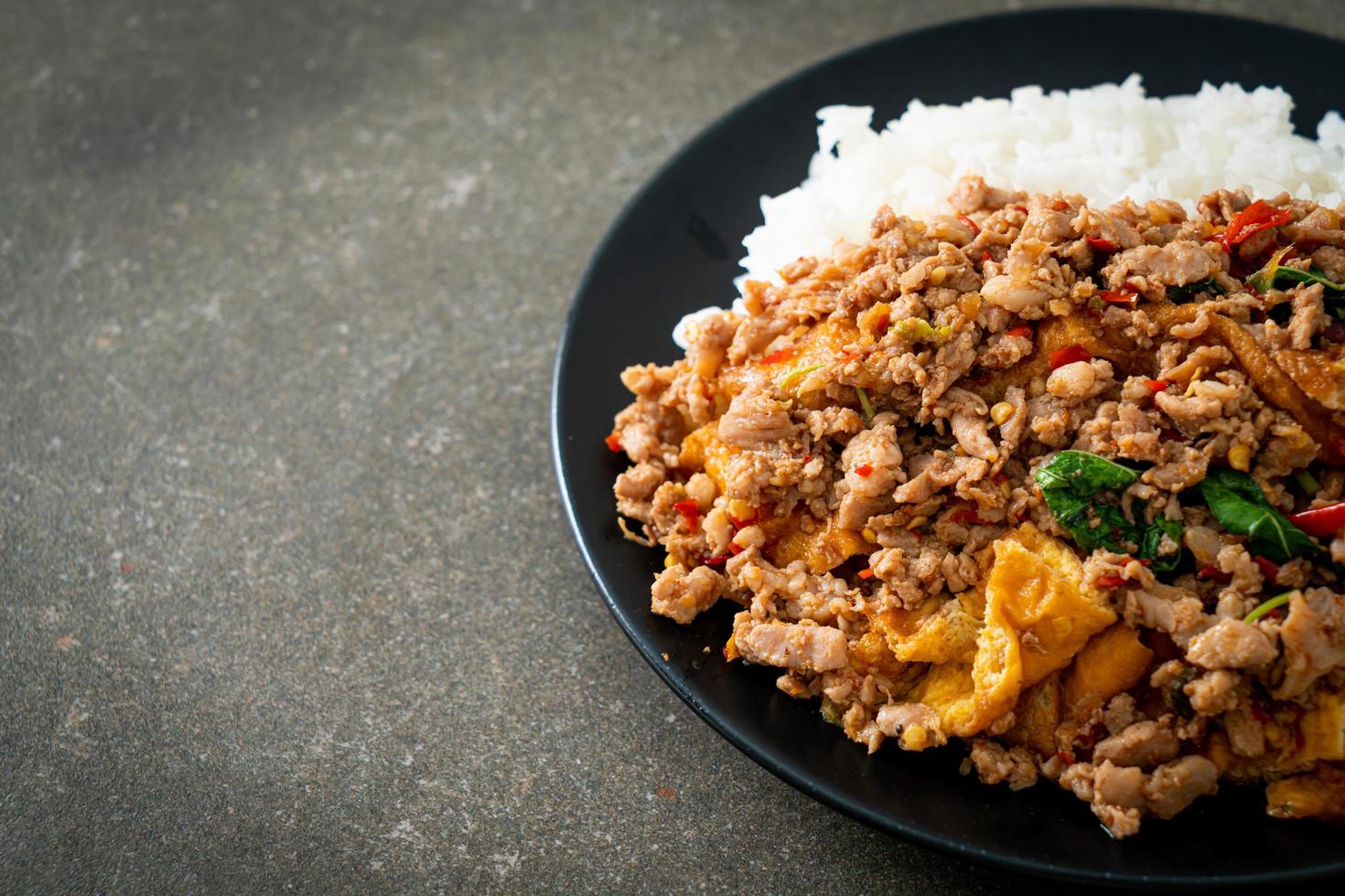 stirfried minced pork with basil and egg topped on rice 4851635 Stock