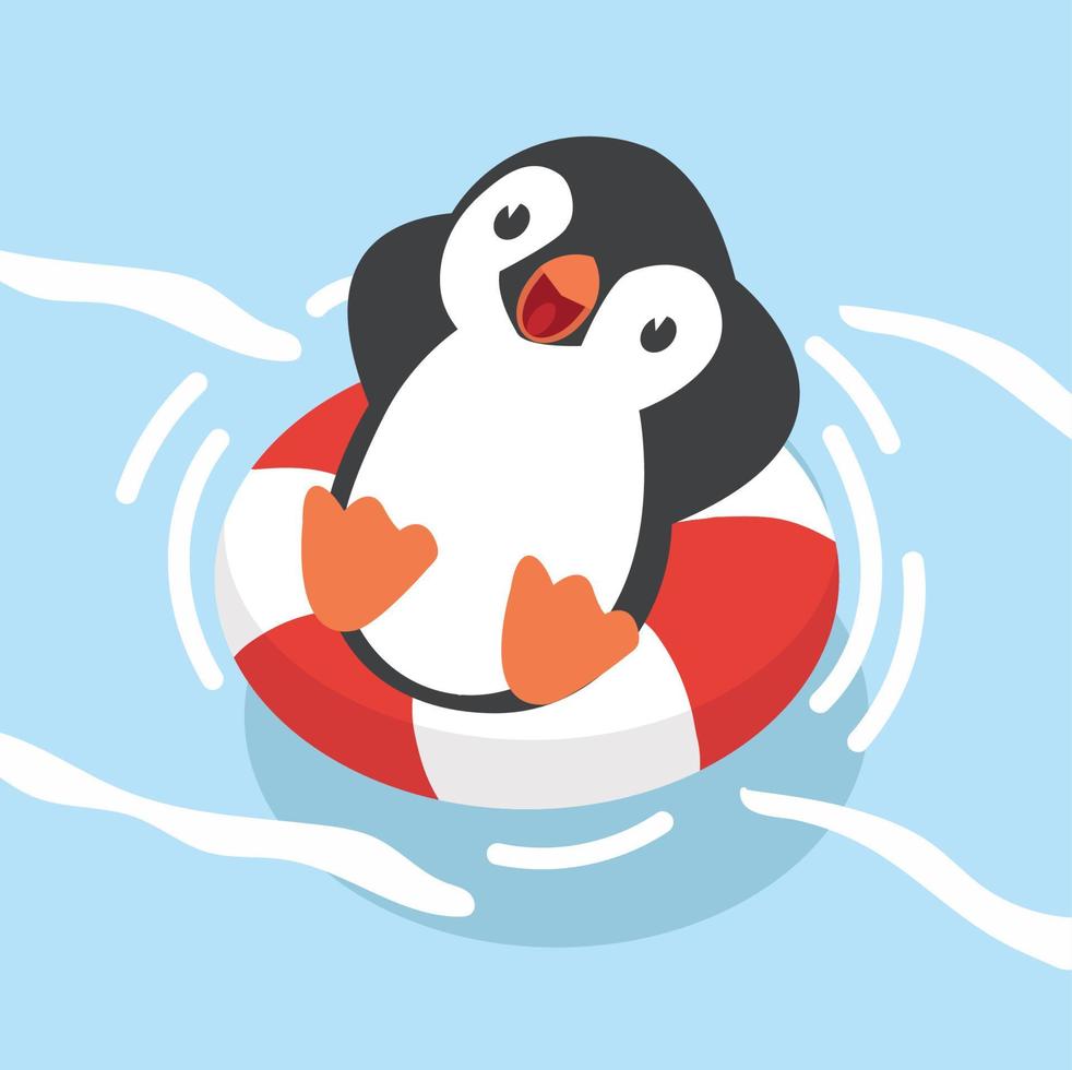 pingüino nadando con anillo inflable vector