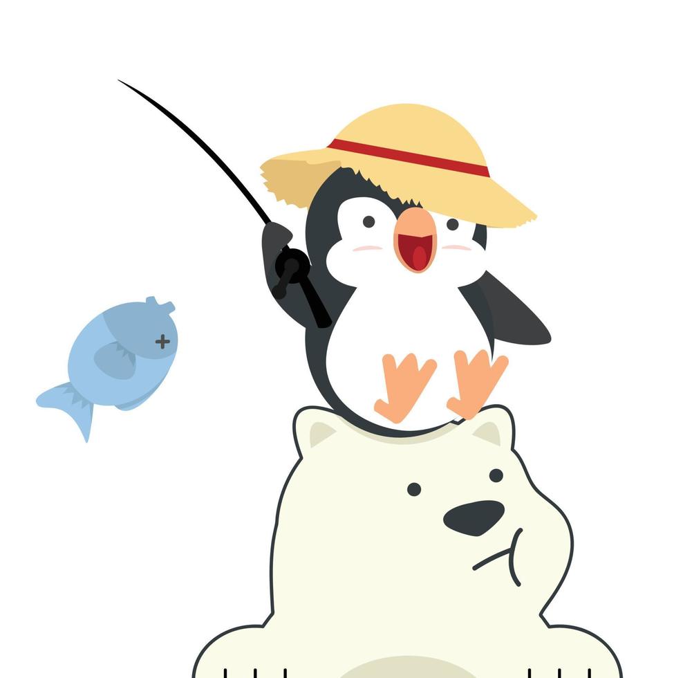 Cute cartoon of a penguin riding a polar bear vector