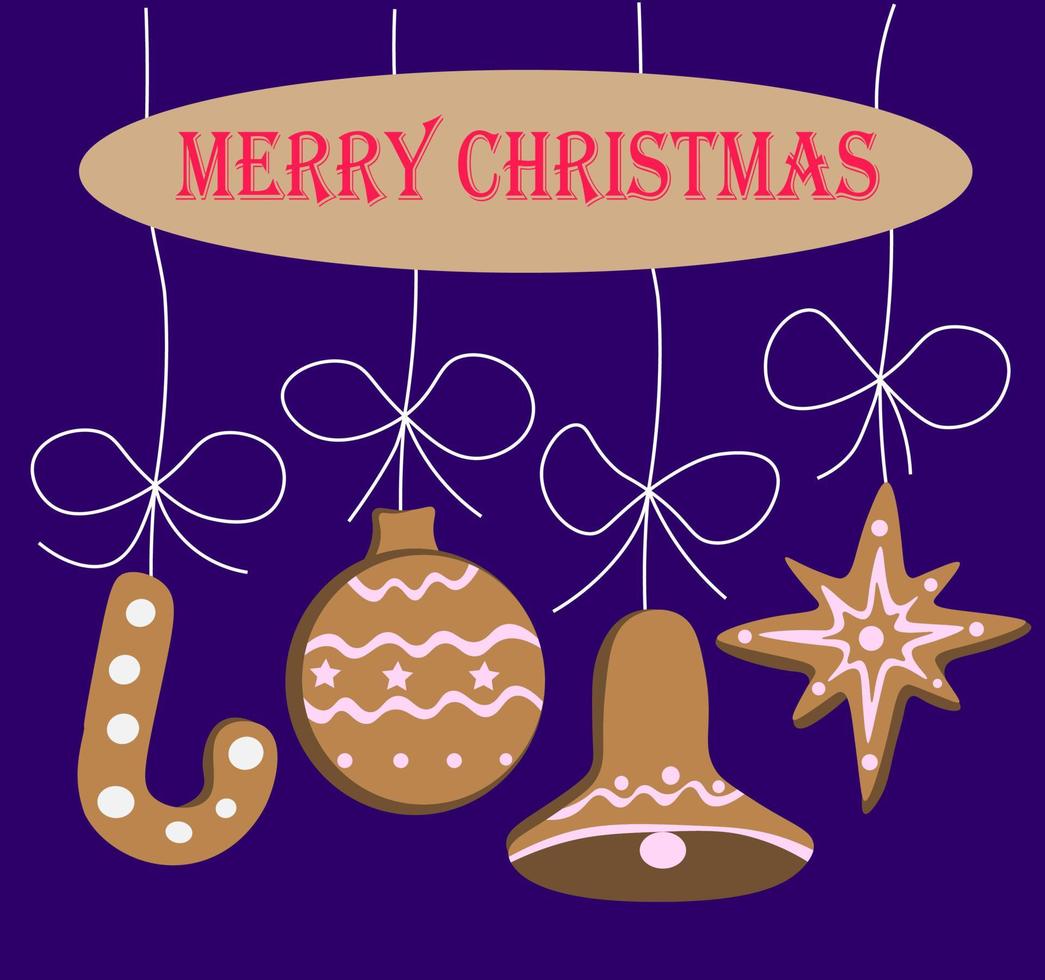 Tarjeta de Navidad hecha de pan de jengibre en una cuerda en forma de guirnalda sobre fondo azul. pan de jengibre en forma de gancho, bola, campana, estrella. tarjeta de felicitación de año nuevo. ilustración vectorial. vector