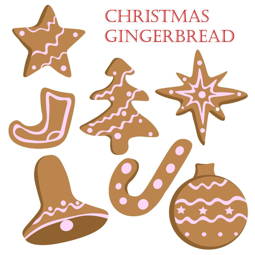 Christmas set of gingerbread, honey cakes decorated with white icing. Gingerbread in the form of hook, ball, bell, Christmas tree, boot, star. New Year greeting card. Vector illustration.