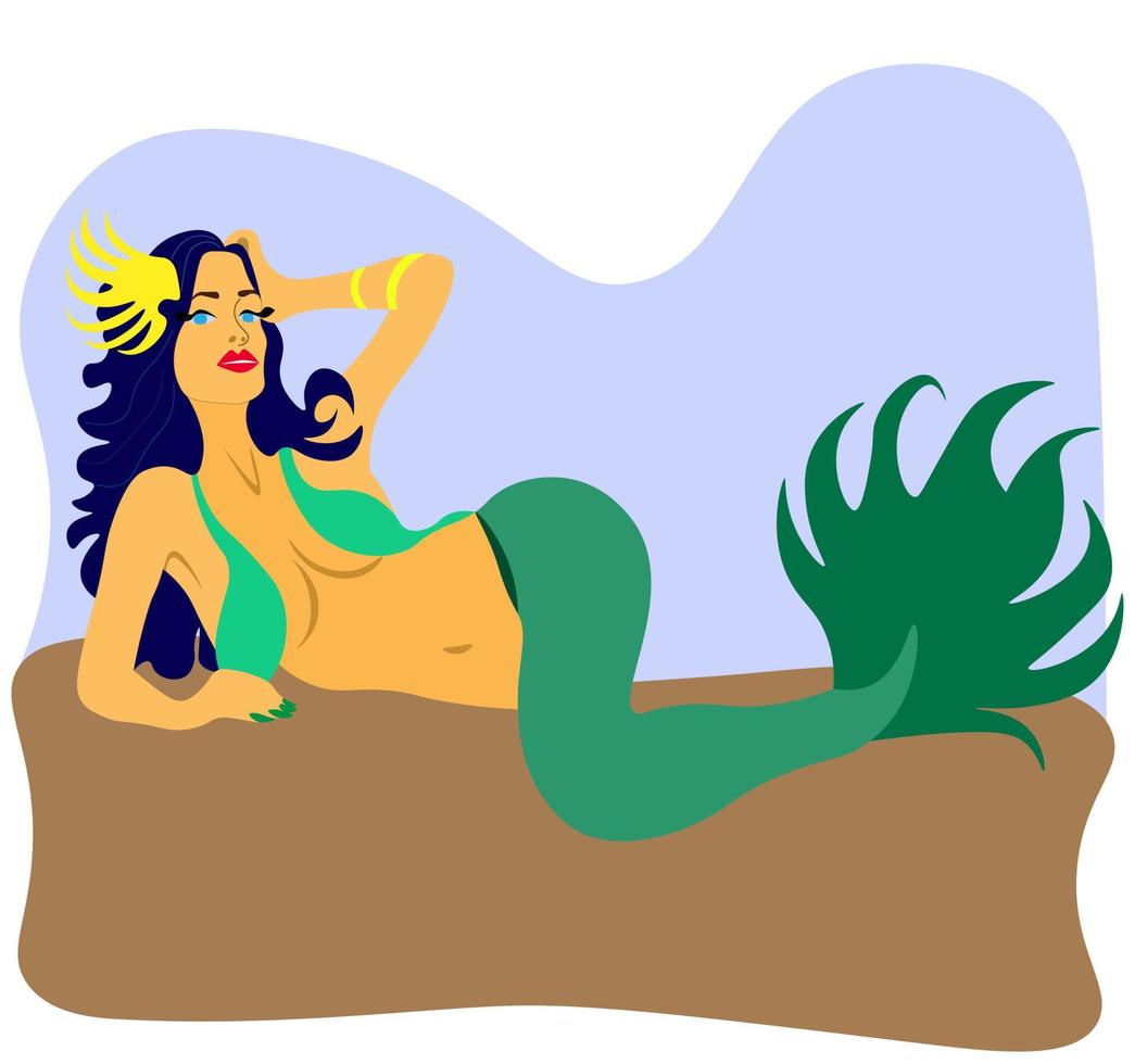 sexy sirena con cabello azul se encuentra en el fondo del mar. hay un adorno de oro en su cabello. ilustración vectorial de color. linda sirena para textiles, bolsos o libros infantiles, volantes. vector