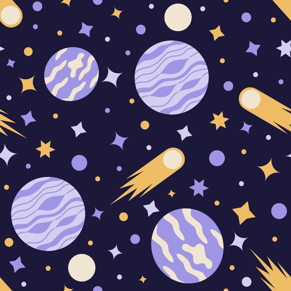 Seamless pattern of deep space with planets and stars, comets and asteroids in a flat style. vector