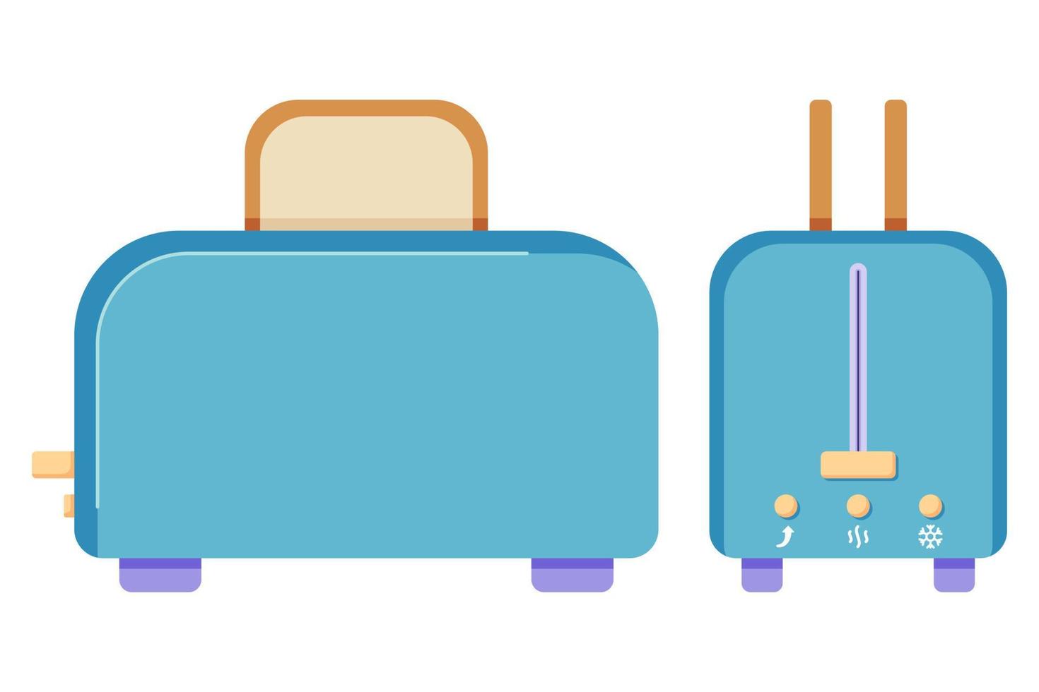 A toaster with slices of bread in two projections, profile and full face, an electronic device for toasting bread, the morning routine of preparing breakfast. vector