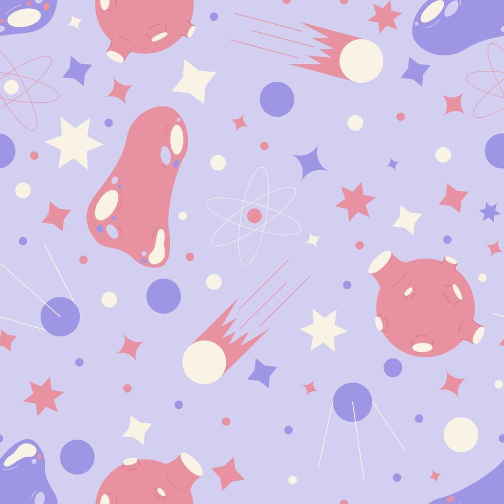Seamless pattern of deep space with planets and stars, comets and asteroids in a flat style. vector